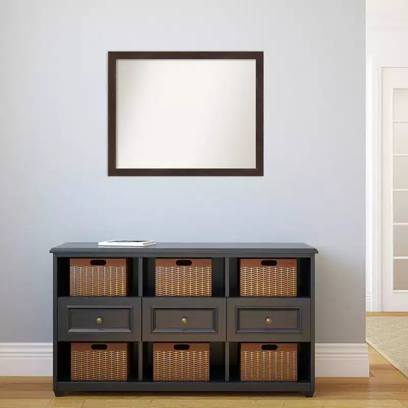 31" x 25" Non-Beveled Fresco Dark Walnut Wood Wall Mirror - Amanti Art: Modern Rectangular Design, Includes Mounting Hardware