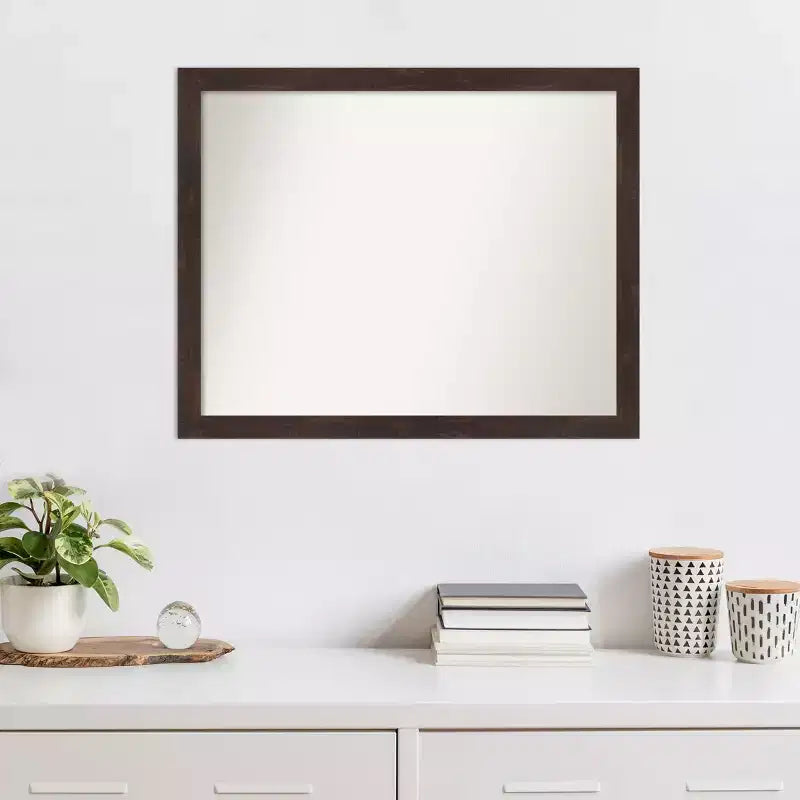 31" x 25" Non-Beveled Fresco Dark Walnut Wood Wall Mirror - Amanti Art: Modern Rectangular Design, Includes Mounting Hardware