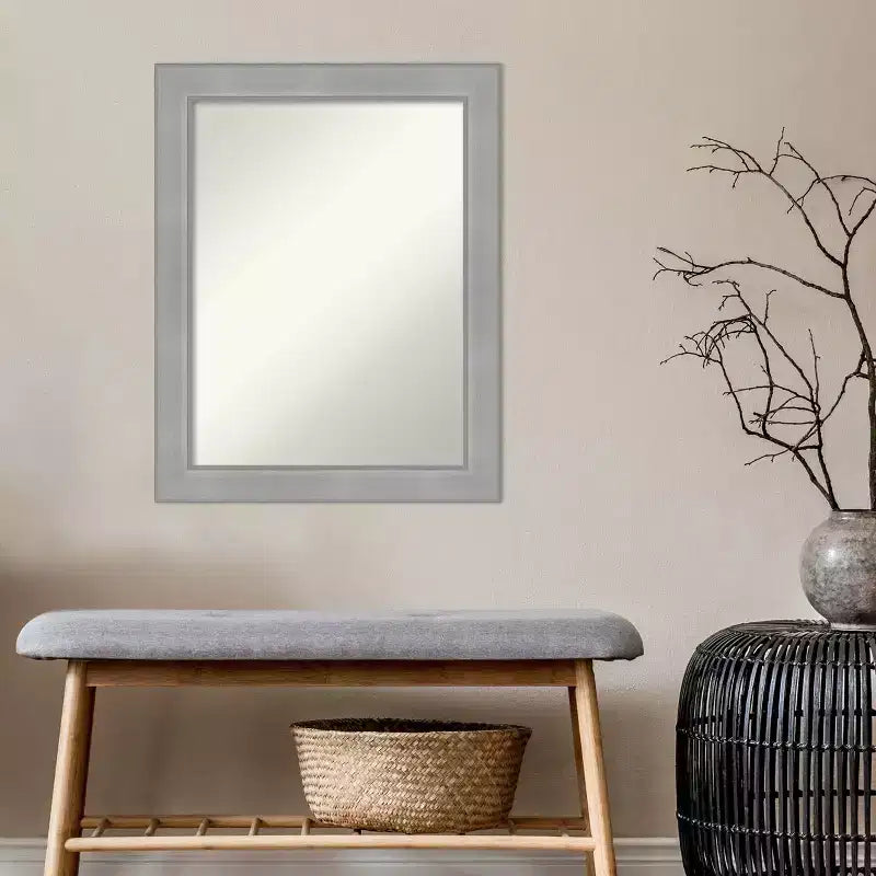 22" x 28" Non-Beveled Vista Brushed Nickel Bathroom Wall Mirror - Amanti Art: Rectangle, Polystyrene Frame, Includes Mounting Hardware