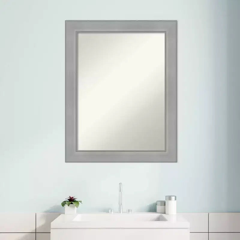 22" x 28" Non-Beveled Vista Brushed Nickel Bathroom Wall Mirror - Amanti Art: Rectangle, Polystyrene Frame, Includes Mounting Hardware