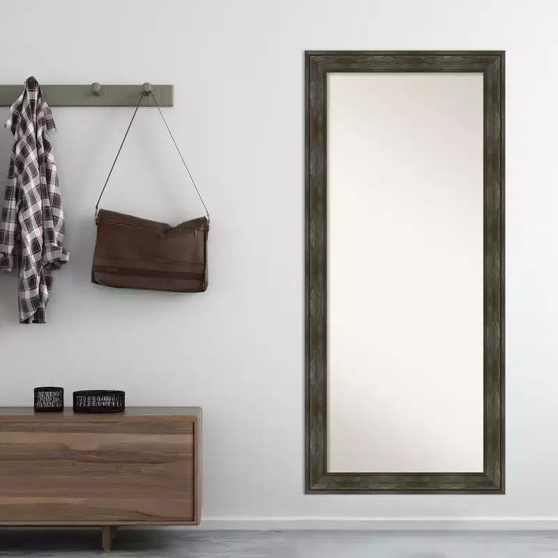 30" x 66" Non-Beveled Rail Rustic Char Full Length Floor Leaner Mirror - Amanti Art