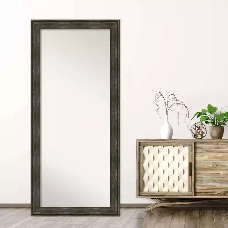 30" x 66" Non-Beveled Rail Rustic Char Full Length Floor Leaner Mirror - Amanti Art