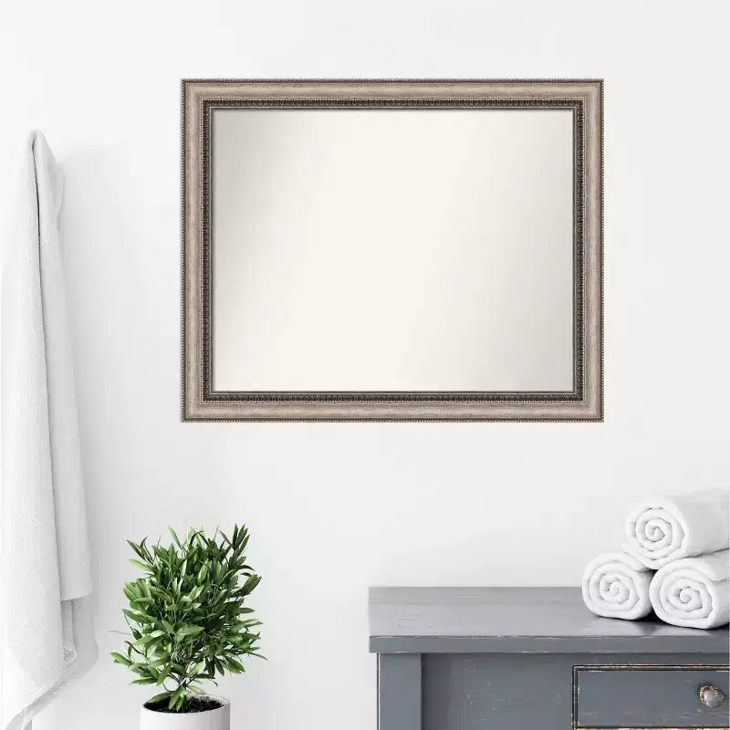 32" x 26" Non-Beveled Lyla Ornate Bathroom Wall Mirror Silver - Amanti Art: Rectangle, Polystyrene Frame, Wall Mounted