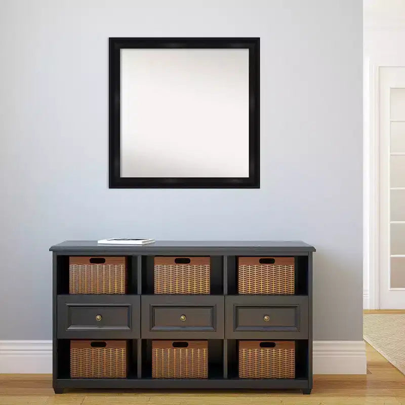 30" x 30" Non-Beveled Grand Black Narrow Wall Mirror - Amanti Art: Modern Square, Polystyrene Frame, Includes Mount Hardware