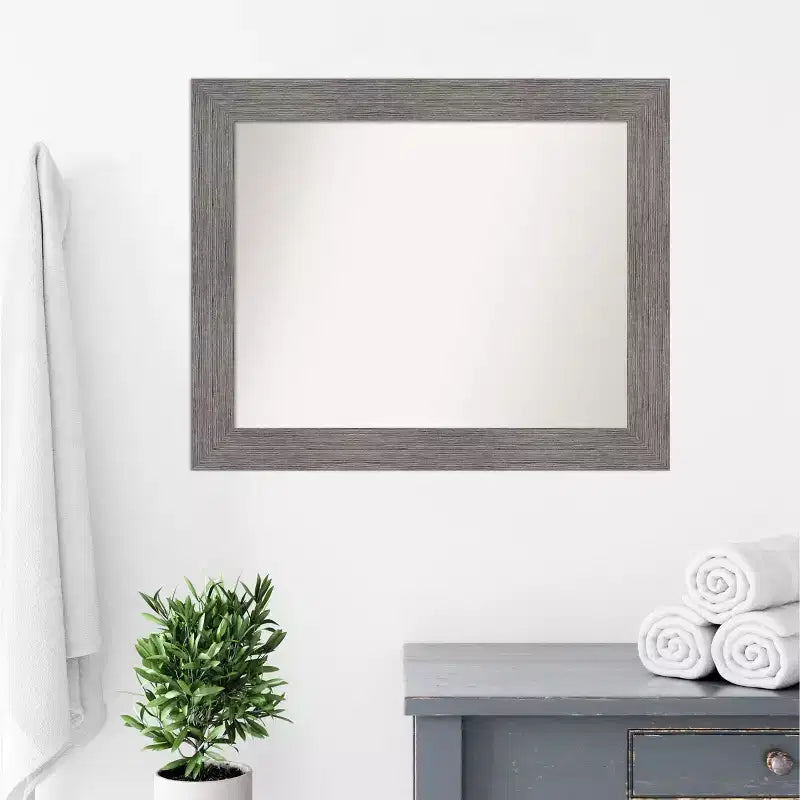 34"x28" Non-Beveled Pinstripe Plank Gray Bathroom Wall Mirror - Amanti Art: Modern Rectangle, Wall Mount