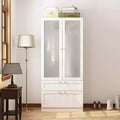 Hitow Modern Gray Armoire Set Frosted Glass Doors Woodgrain Finish Cream Style