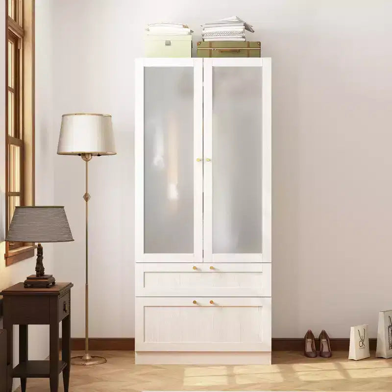 Hitow Modern Gray Armoire Set Frosted Glass Doors Woodgrain Finish Cream Style