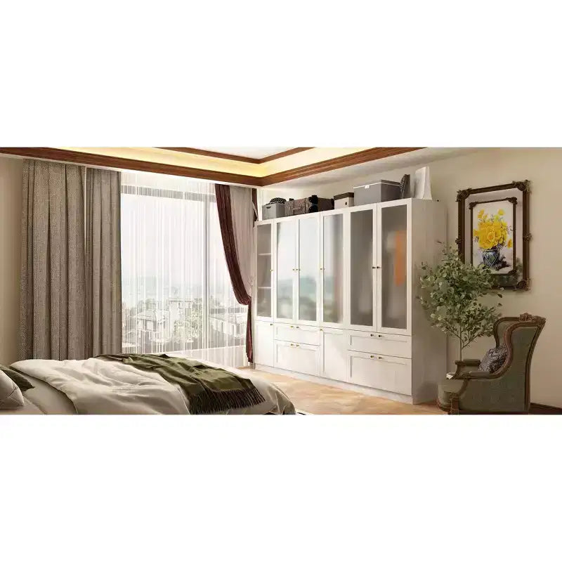 Ensemble armoire gris moderne, portes en verre dépoli, finition grain de bois, style crème