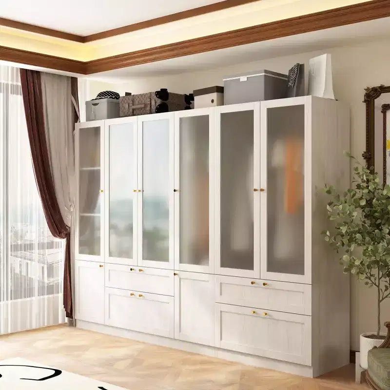 Ensemble armoire gris moderne, portes en verre dépoli, finition grain de bois, style crème