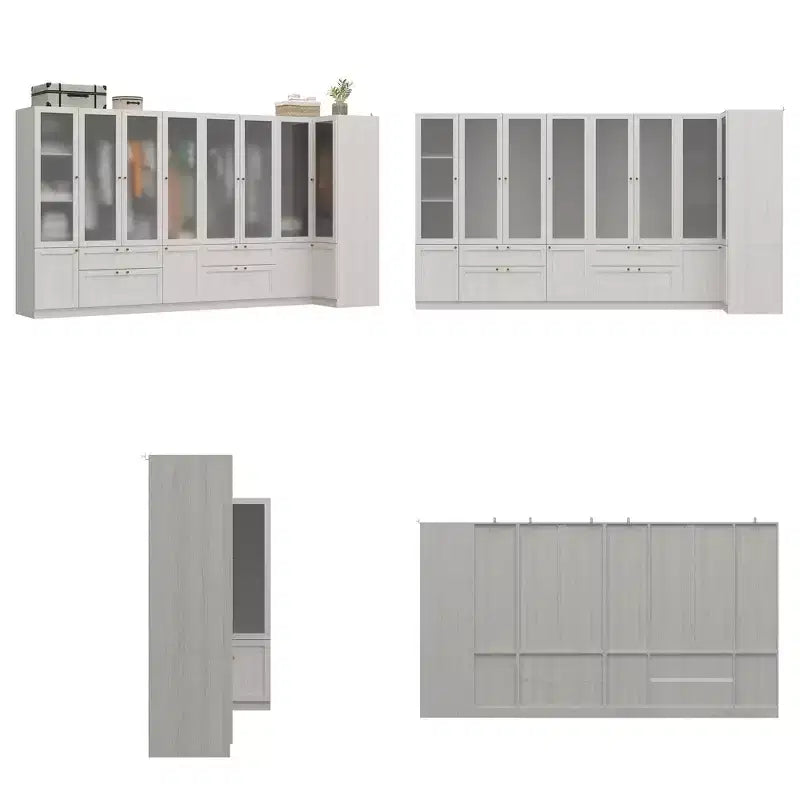 Ensemble armoire gris moderne, portes en verre dépoli, finition grain de bois, style crème