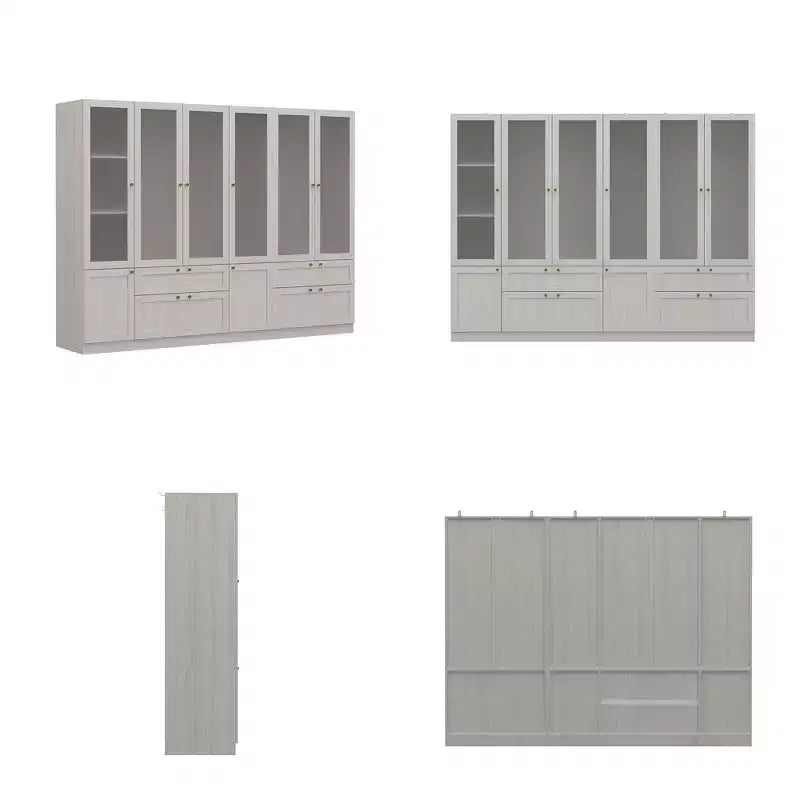 Ensemble armoire gris moderne, portes en verre dépoli, finition grain de bois, style crème