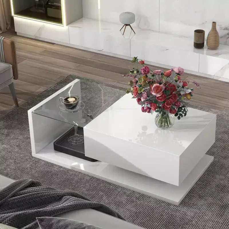 Modern Coffee Table with Tempered Glass, Wooden High-gloss UV Surface, 2-Tier Rectangle Center Table, White