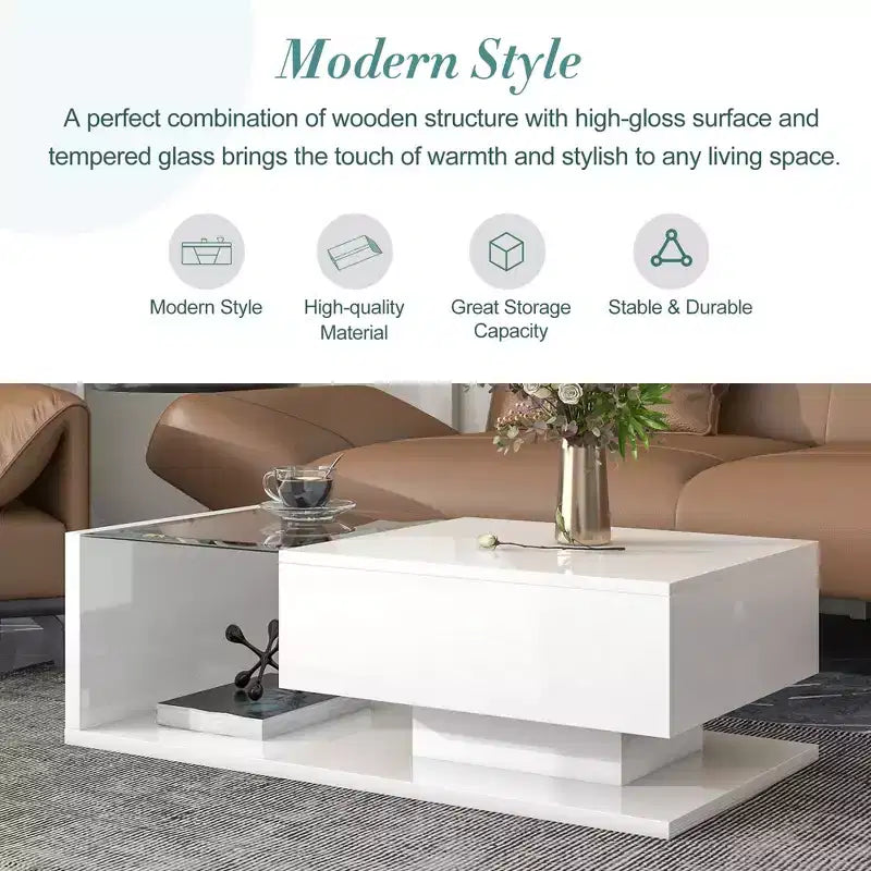Table basse moderne avec plateau en verre trempé, surface en bois laqué UV, table centrale rectangulaire à 2 niveaux, blanc