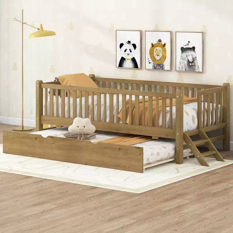 Lit plateforme en bois de taille double avec garde-corps et 2 tiroirs