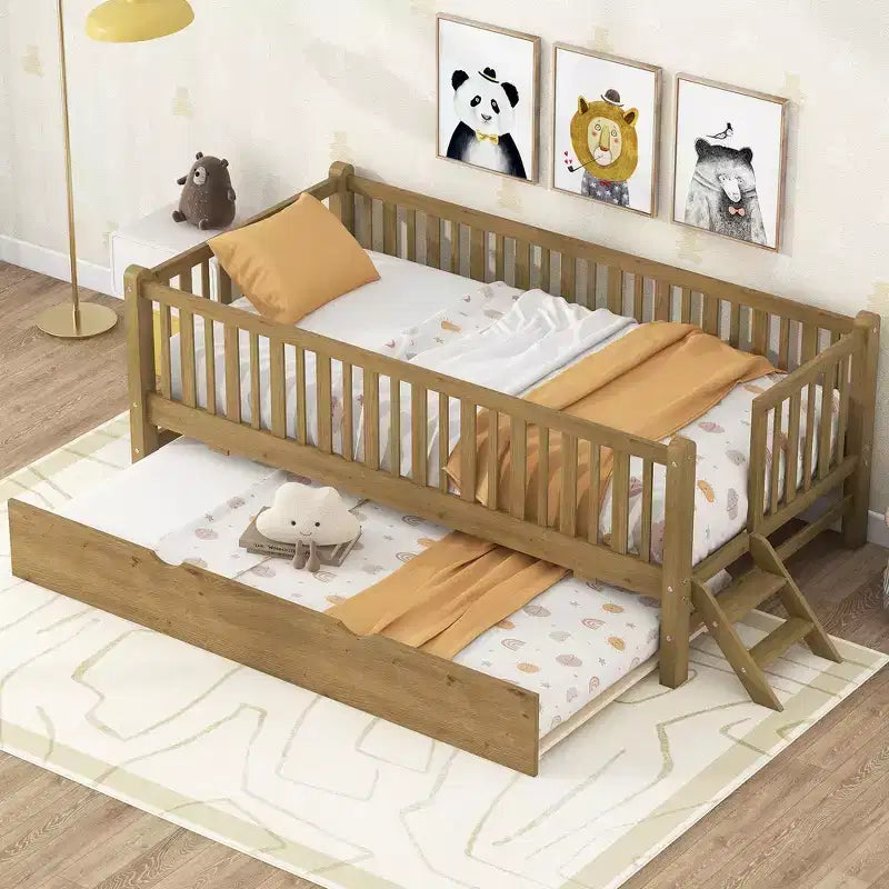 Lit plateforme en bois de taille double avec garde-corps et 2 tiroirs
