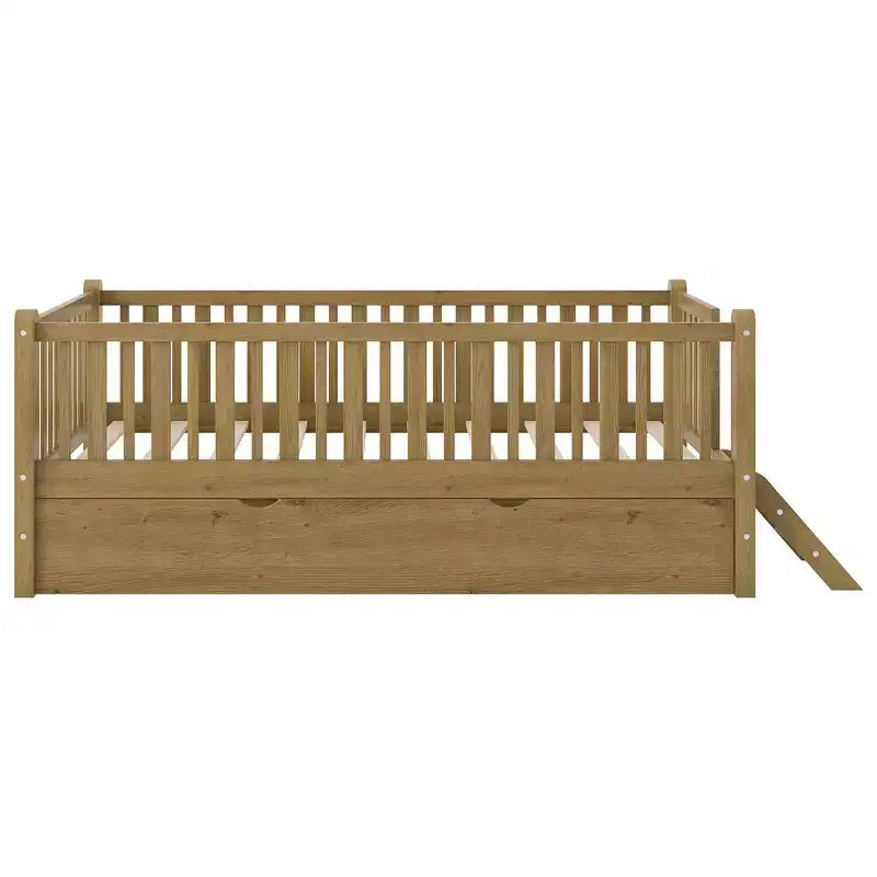 Lit plateforme en bois de taille double avec garde-corps et 2 tiroirs