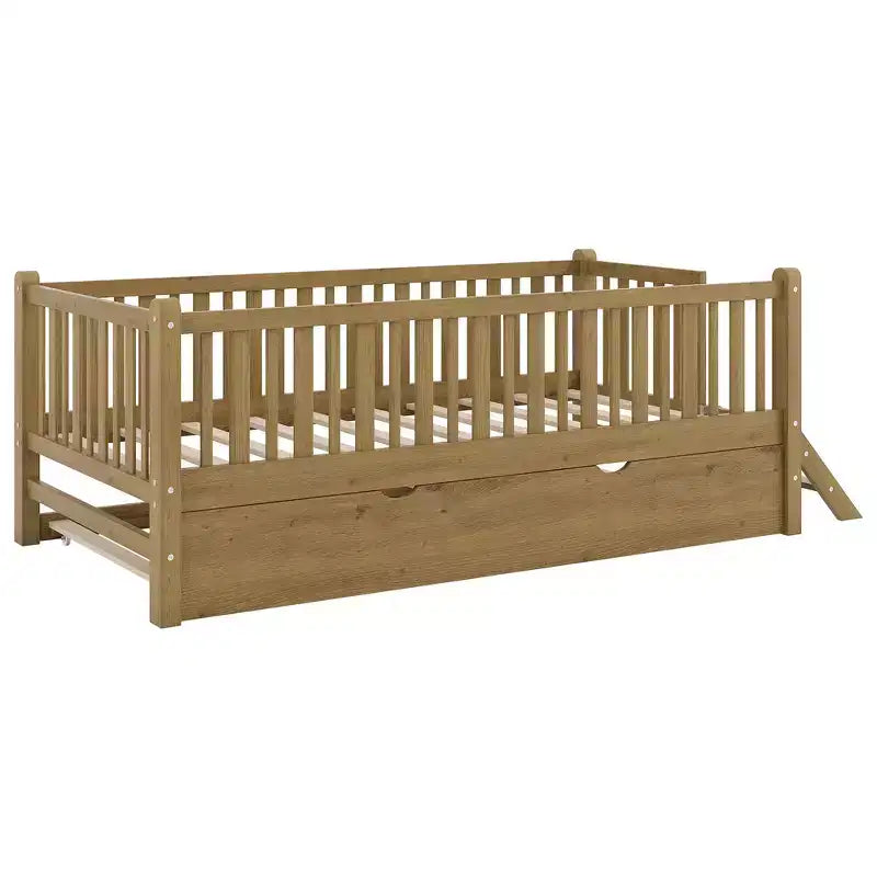 Lit plateforme en bois de taille double avec garde-corps et 2 tiroirs