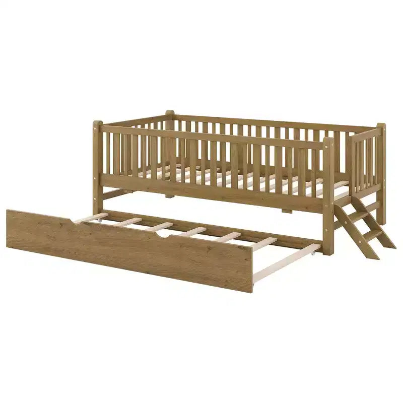 Lit plateforme en bois de taille double avec garde-corps et 2 tiroirs