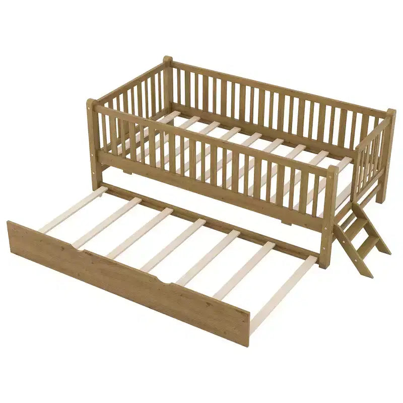 Lit plateforme en bois de taille double avec garde-corps et 2 tiroirs