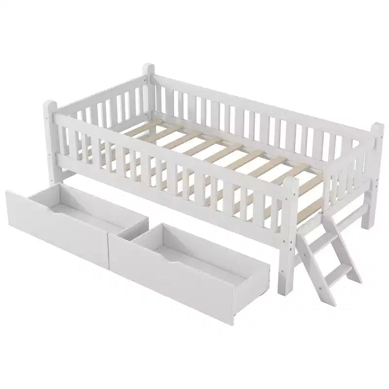 Lit plateforme en bois de taille double avec garde-corps et 2 tiroirs