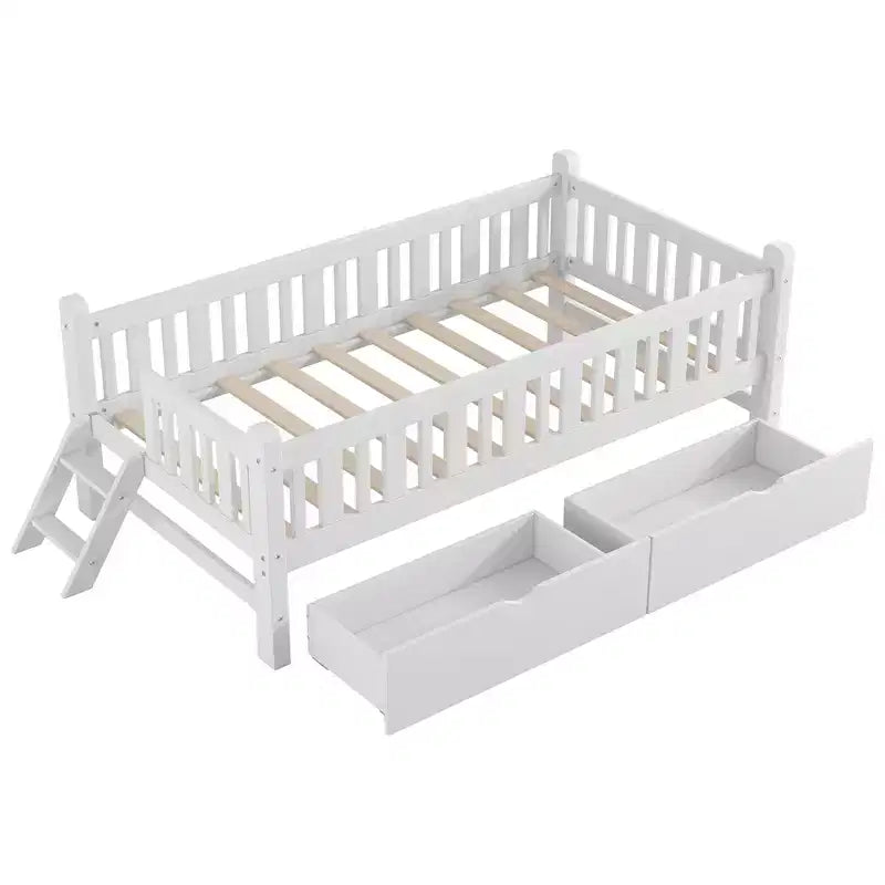 Lit plateforme en bois de taille double avec garde-corps et 2 tiroirs