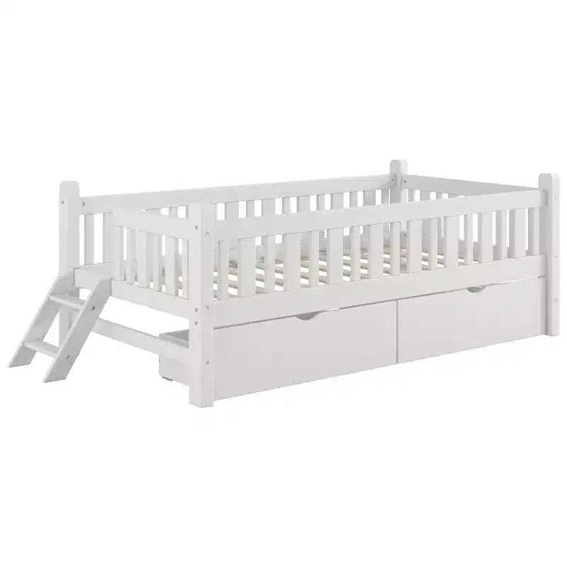 Lit plateforme en bois de taille double avec garde-corps et 2 tiroirs