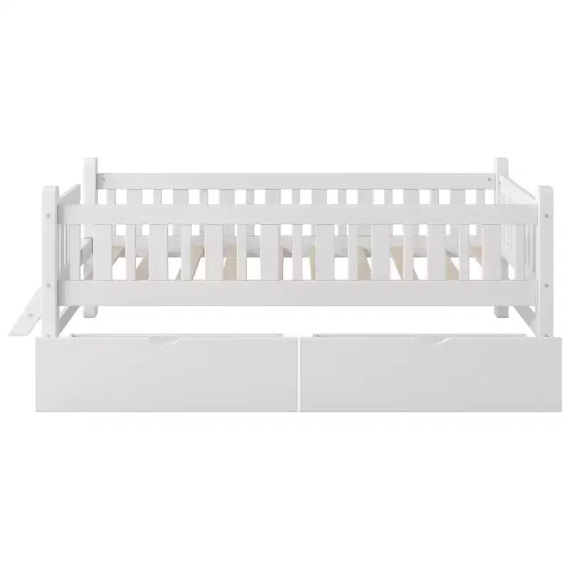 Lit plateforme en bois de taille double avec garde-corps et 2 tiroirs
