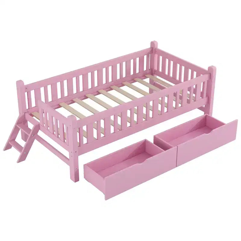 Lit plateforme en bois de taille double avec garde-corps et 2 tiroirs