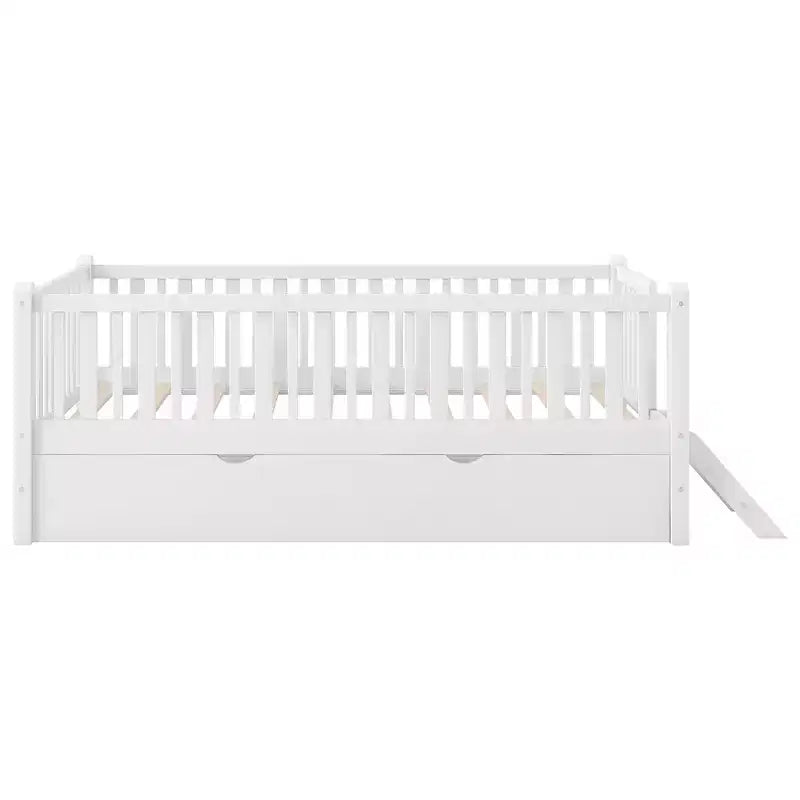 Lit plateforme en bois de taille double avec garde-corps et 2 tiroirs
