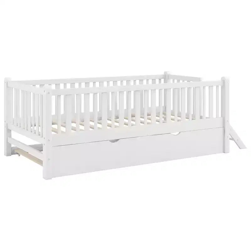Lit plateforme en bois de taille double avec garde-corps et 2 tiroirs