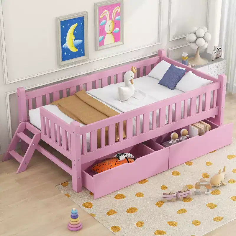 Whisen Twin Size Wood Platform Bed with Guardrail and 2 Drawers