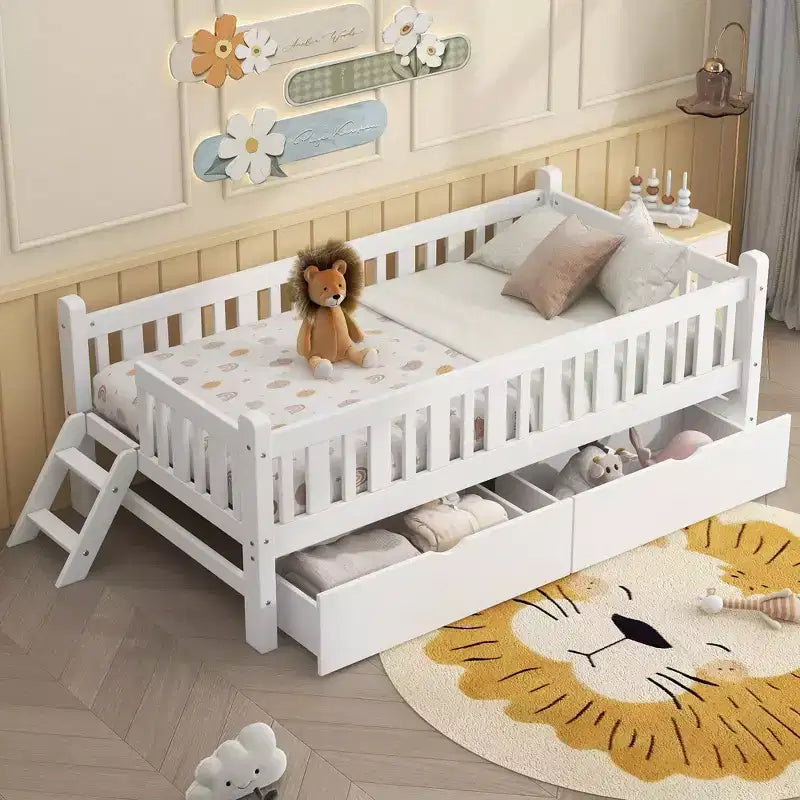Lit plateforme en bois de taille double avec garde-corps et 2 tiroirs