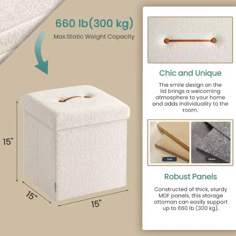 Pouf pliant avec rangement caché, repose-pieds carré de 38 cm, capacité de charge de 300 kg