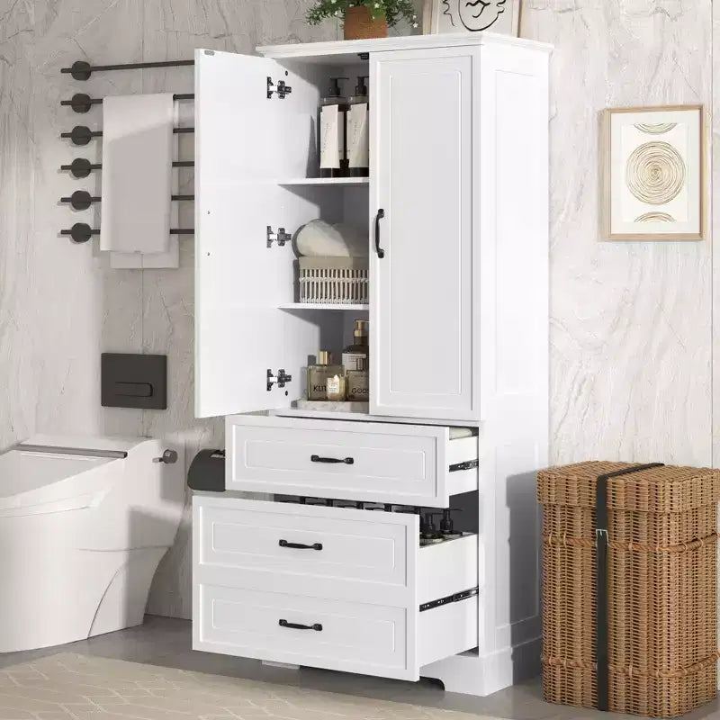 Whisen Tall White Bathroom Cabinet, Large Storage Cabinet with Double Doors, Drawers and Adjustable Shelf