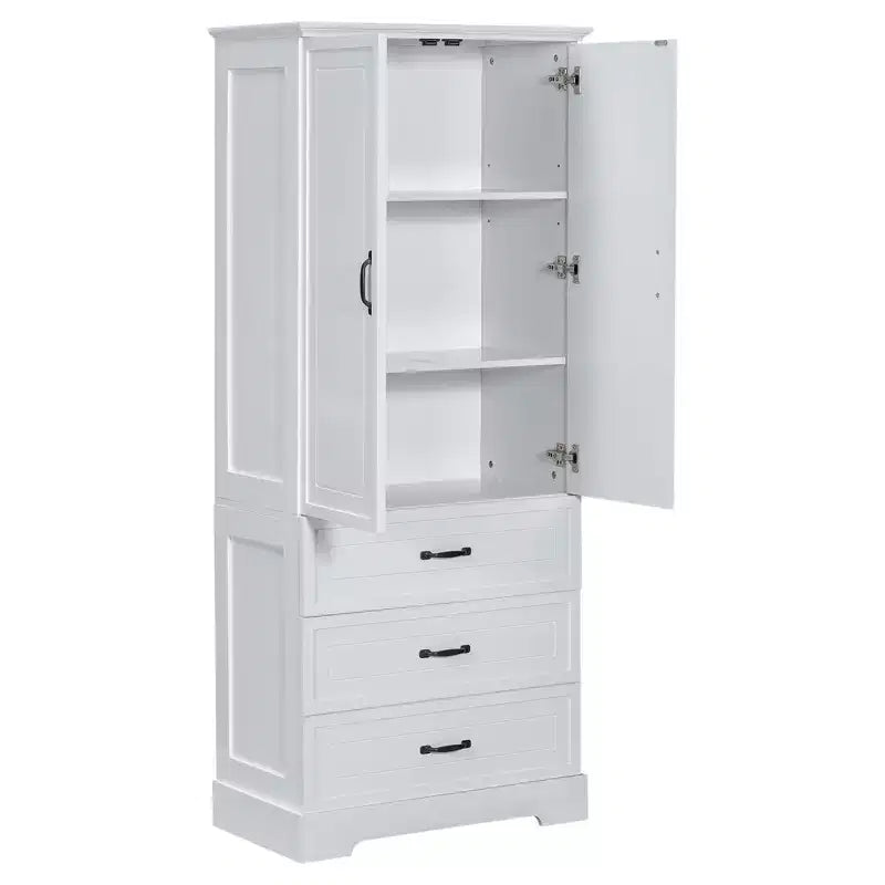 Meuble de salle de bain haut blanc, grande armoire de rangement avec double portes, tiroirs et étagère réglable