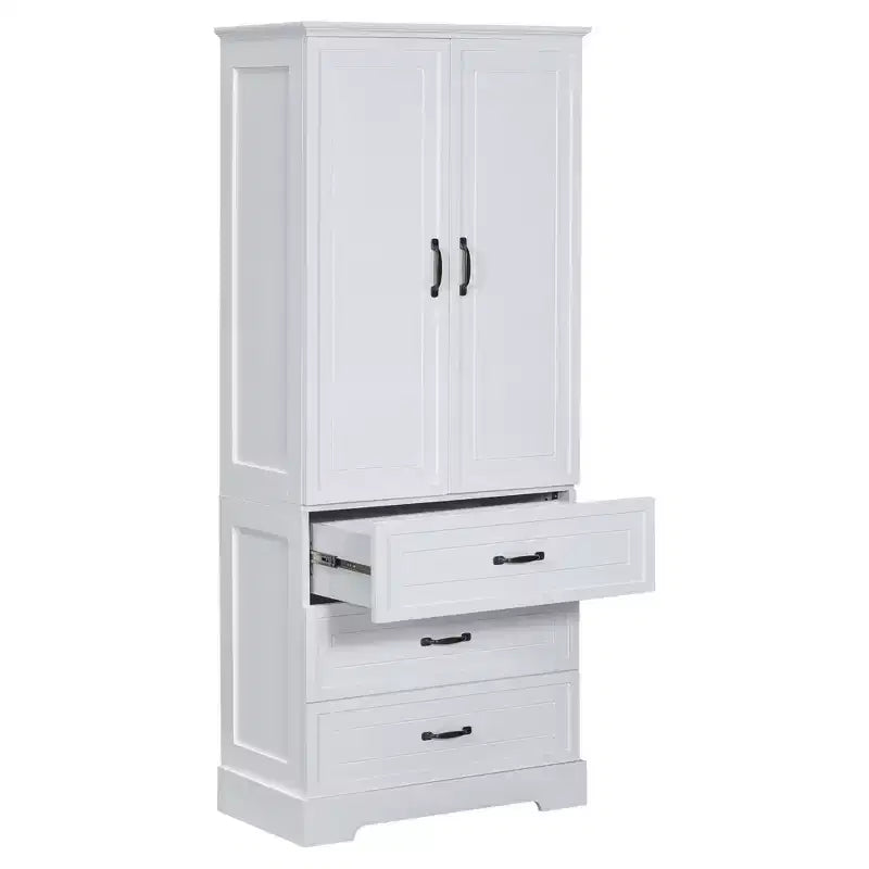 Meuble de salle de bain haut blanc, grande armoire de rangement avec double portes, tiroirs et étagère réglable