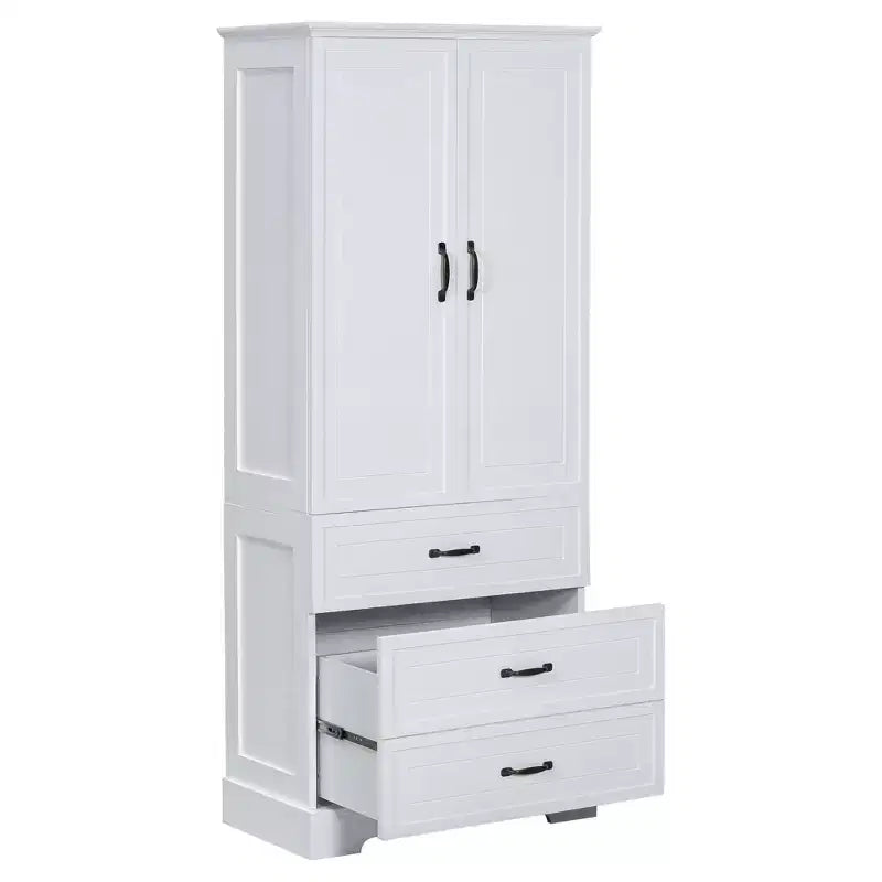 Meuble de salle de bain haut blanc, grande armoire de rangement avec double portes, tiroirs et étagère réglable