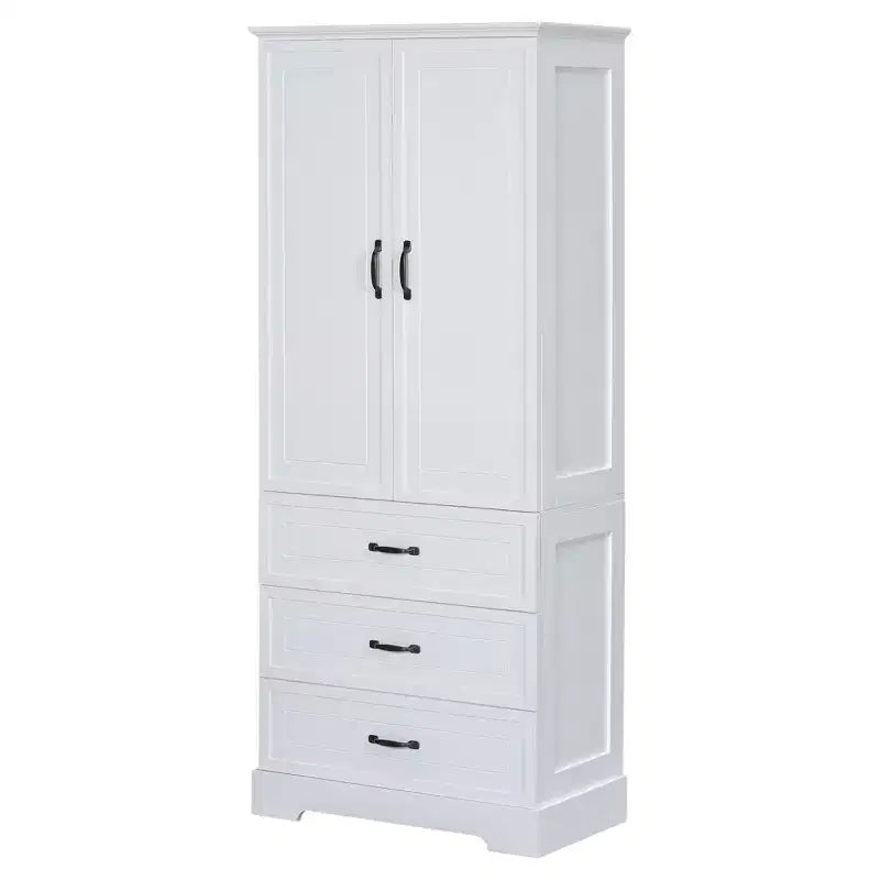 Meuble de salle de bain haut blanc, grande armoire de rangement avec double portes, tiroirs et étagère réglable