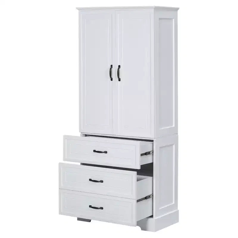 Meuble de salle de bain haut blanc, grande armoire de rangement avec double portes, tiroirs et étagère réglable