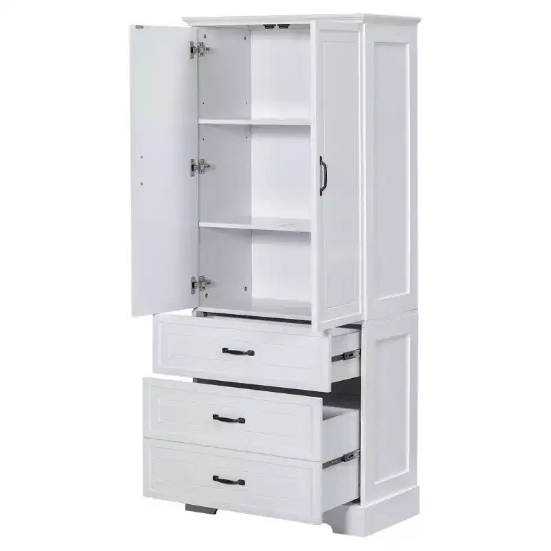 Meuble de salle de bain haut blanc, grande armoire de rangement avec double portes, tiroirs et étagère réglable