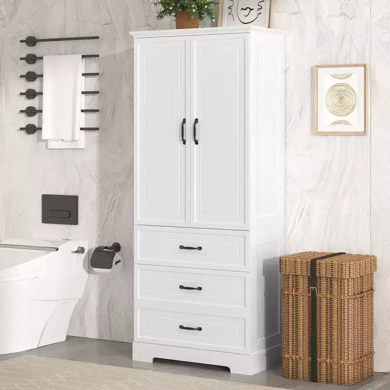 Meuble de salle de bain haut blanc, grande armoire de rangement avec double portes, tiroirs et étagère réglable