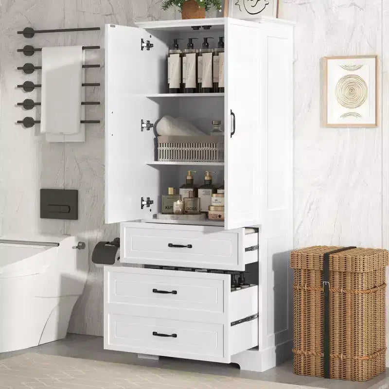 Meuble de salle de bain haut blanc, grande armoire de rangement avec double portes, tiroirs et étagère réglable