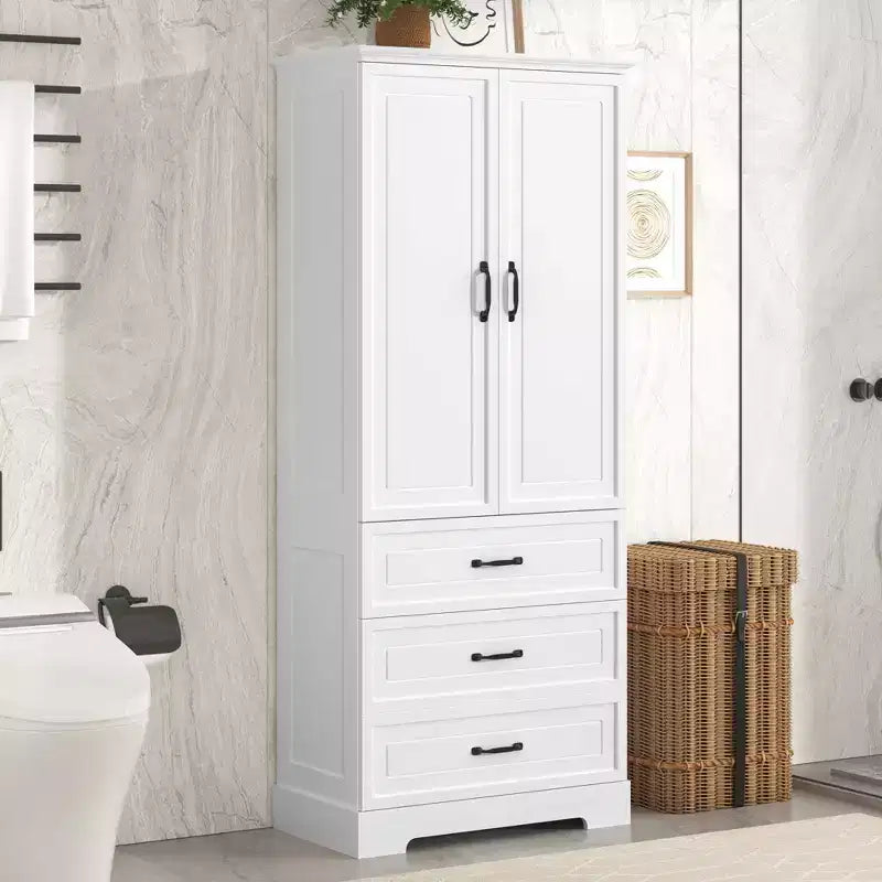 Meuble de salle de bain haut blanc, grande armoire de rangement avec double portes, tiroirs et étagère réglable