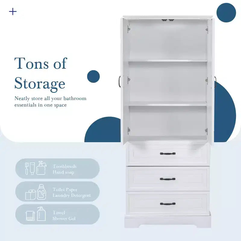 Meuble de salle de bain haut blanc, grande armoire de rangement avec double portes, tiroirs et étagère réglable
