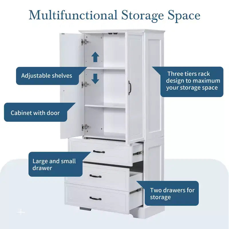 Meuble de salle de bain haut blanc, grande armoire de rangement avec double portes, tiroirs et étagère réglable