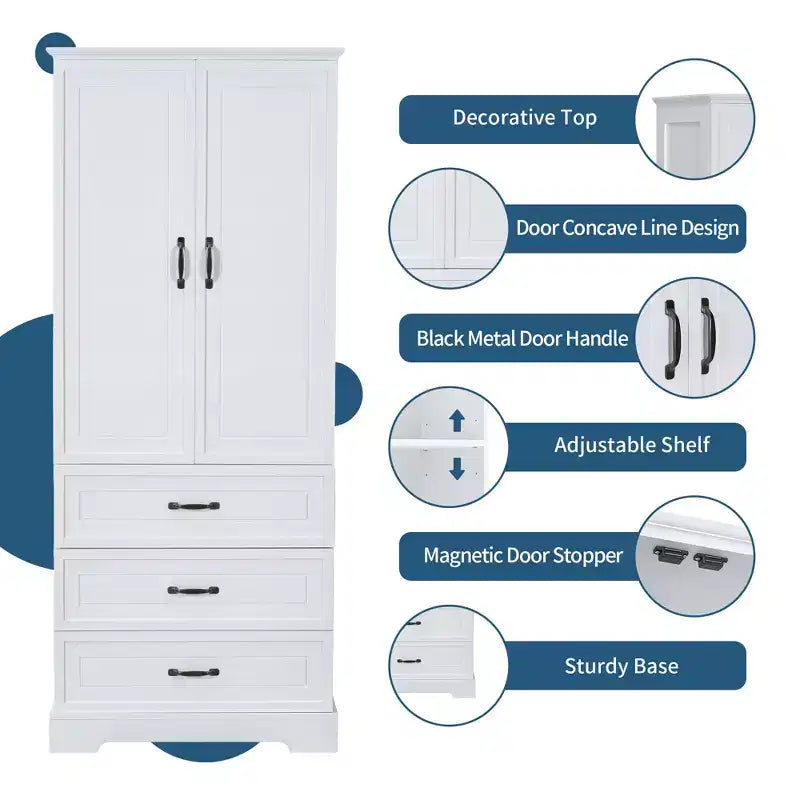 Meuble de salle de bain haut blanc, grande armoire de rangement avec double portes, tiroirs et étagère réglable