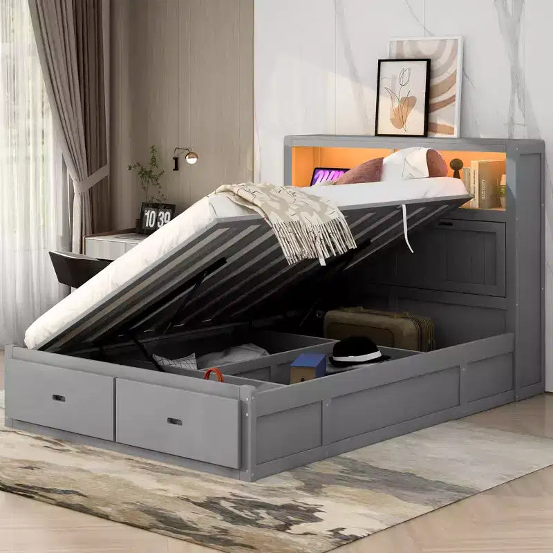 Full/Queen Size Hydraulic Platform Bed with Storage LED Headboard, Charging Station, 2 Drawers and Under-Bed Storage Space, White/Gray-ModernLuxe
