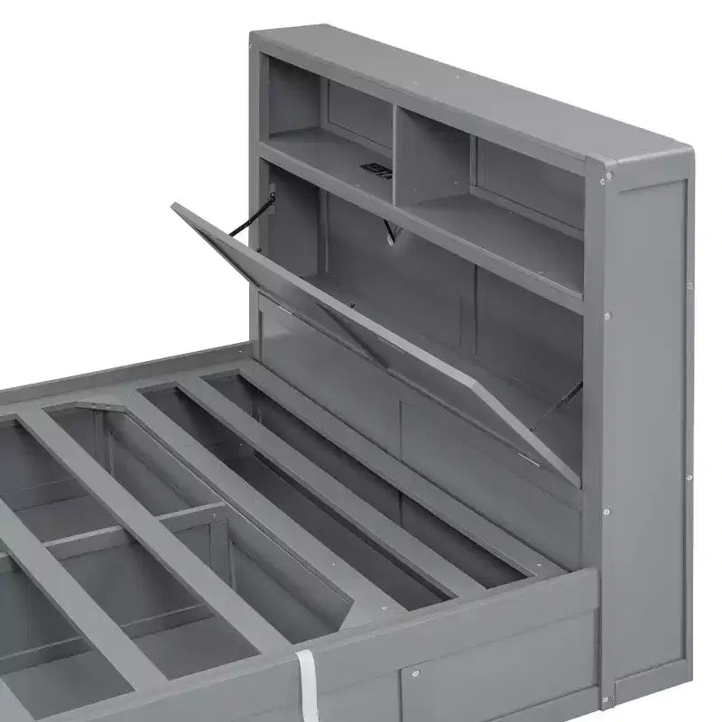 Lit plateforme hydraulique grand lit/queen size avec tête de lit LED de rangement, station de charge, 2 tiroirs et espace de rangement sous le lit, blanc/gris