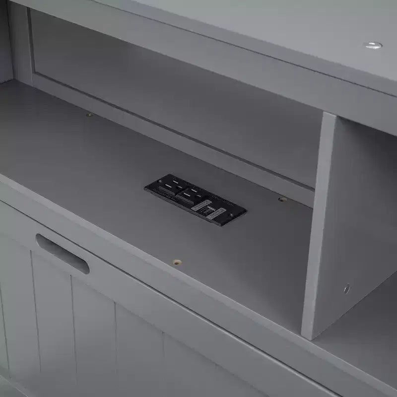 Lit plateforme hydraulique grand lit/queen size avec tête de lit LED de rangement, station de charge, 2 tiroirs et espace de rangement sous le lit, blanc/gris