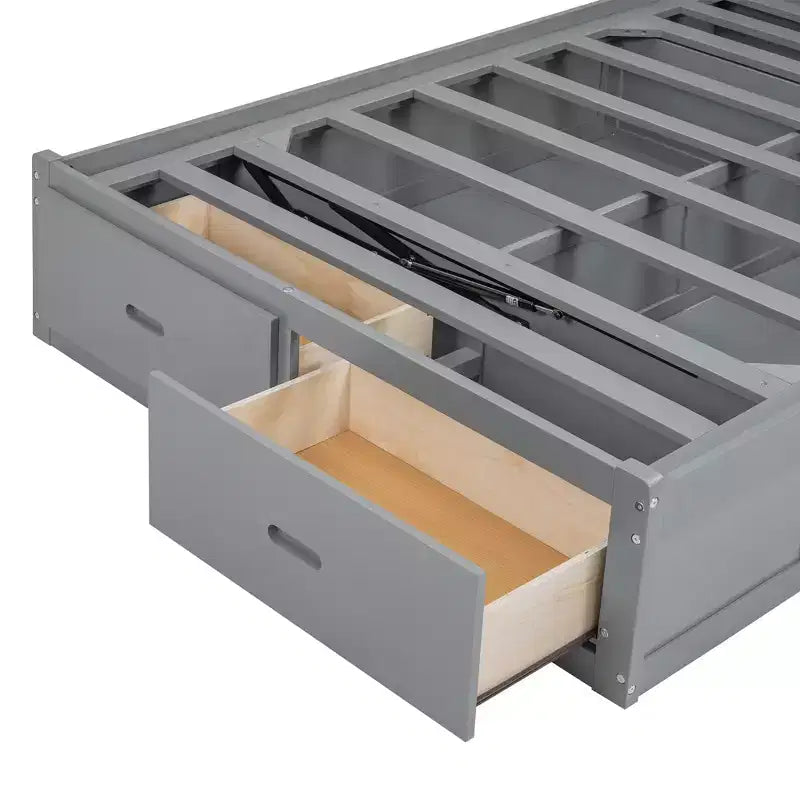 Lit plateforme hydraulique grand lit/queen size avec tête de lit LED de rangement, station de charge, 2 tiroirs et espace de rangement sous le lit, blanc/gris